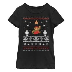 Girl's Nintendo Ugly Christmas Mario Jump Star T-Shirt