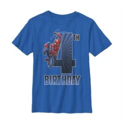 Boy's Marvel Spider-Man Swinging 4th Birthday T-Shirt -Fifthsun Shirts 19MARV00072A 003 Spiderman 4th Bday 04 132